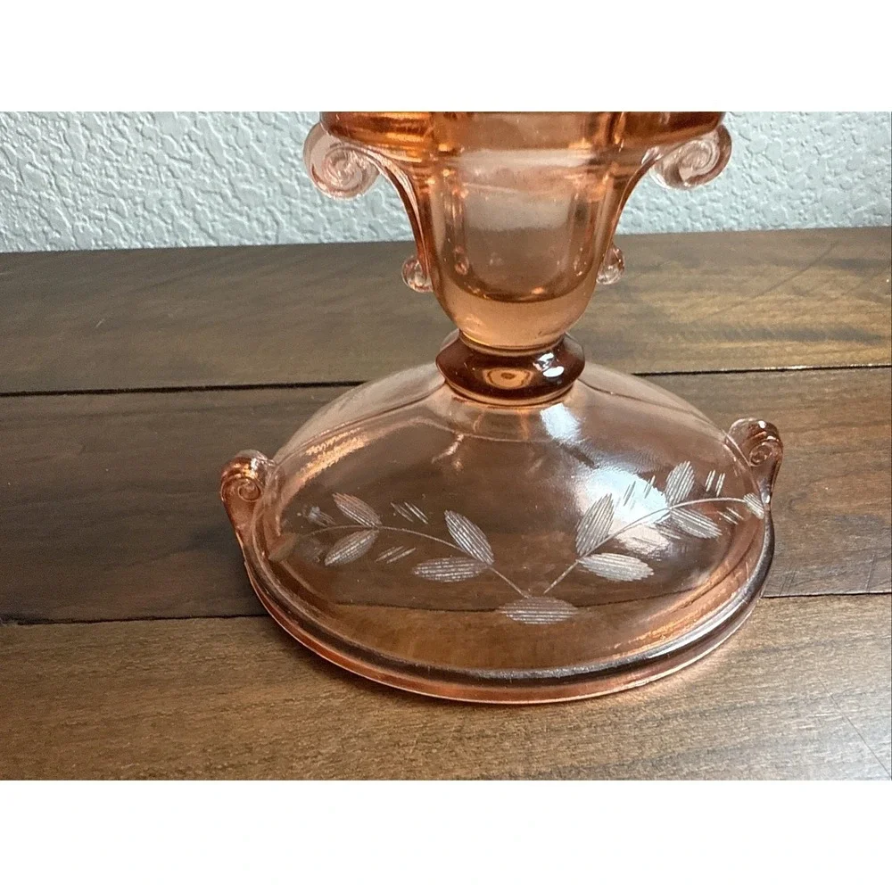 Vintage 1920s imperial glass double scroll rose pink candlestick cut floral...